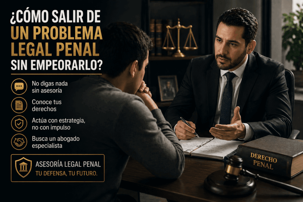 Abogado en traje consulta a un cliente en un despacho; balanza de la justicia y libro de derecho penal al fondo.