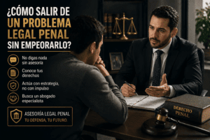 Abogado en traje consulta a un cliente en un despacho; balanza de la justicia y libro de derecho penal al fondo.