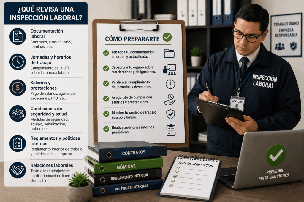 Inspector de seguridad laboral revisando documentos y listas de verificación en una oficina.