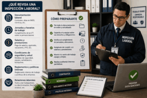 Inspector de seguridad laboral revisando documentos y listas de verificación en una oficina.